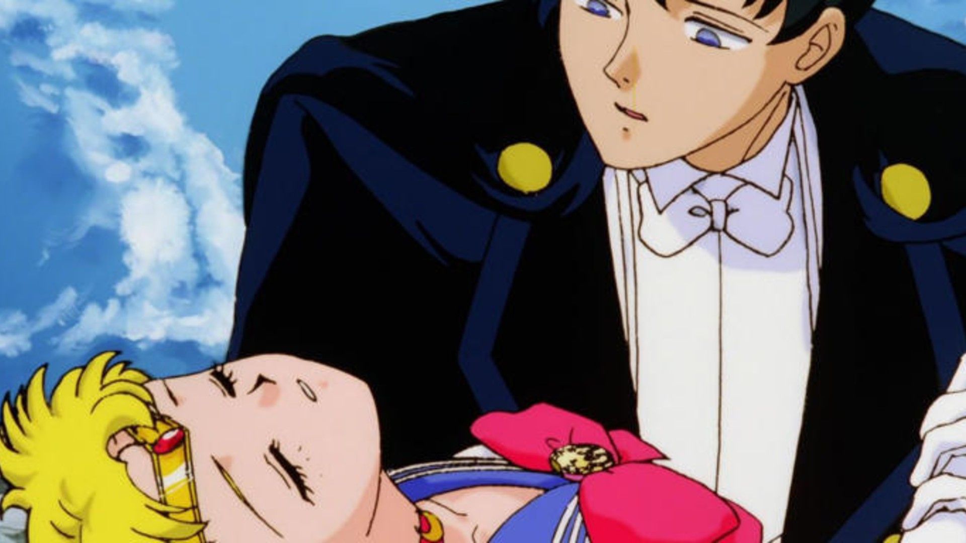 Tuxedo Mask chateado com a morte de Sailor Moon em Sailor Moon R: The Movie.