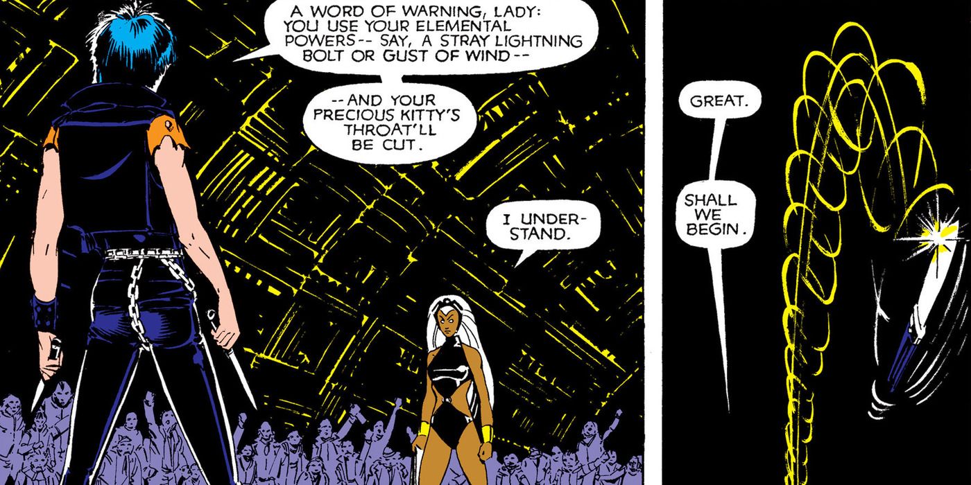 Callisto faces off with Storm, throwing her a knife.