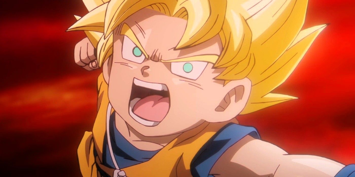 Super Saiyan Goku (Mini) está dando um soco no Dragon Ball Daima Episódio 17.