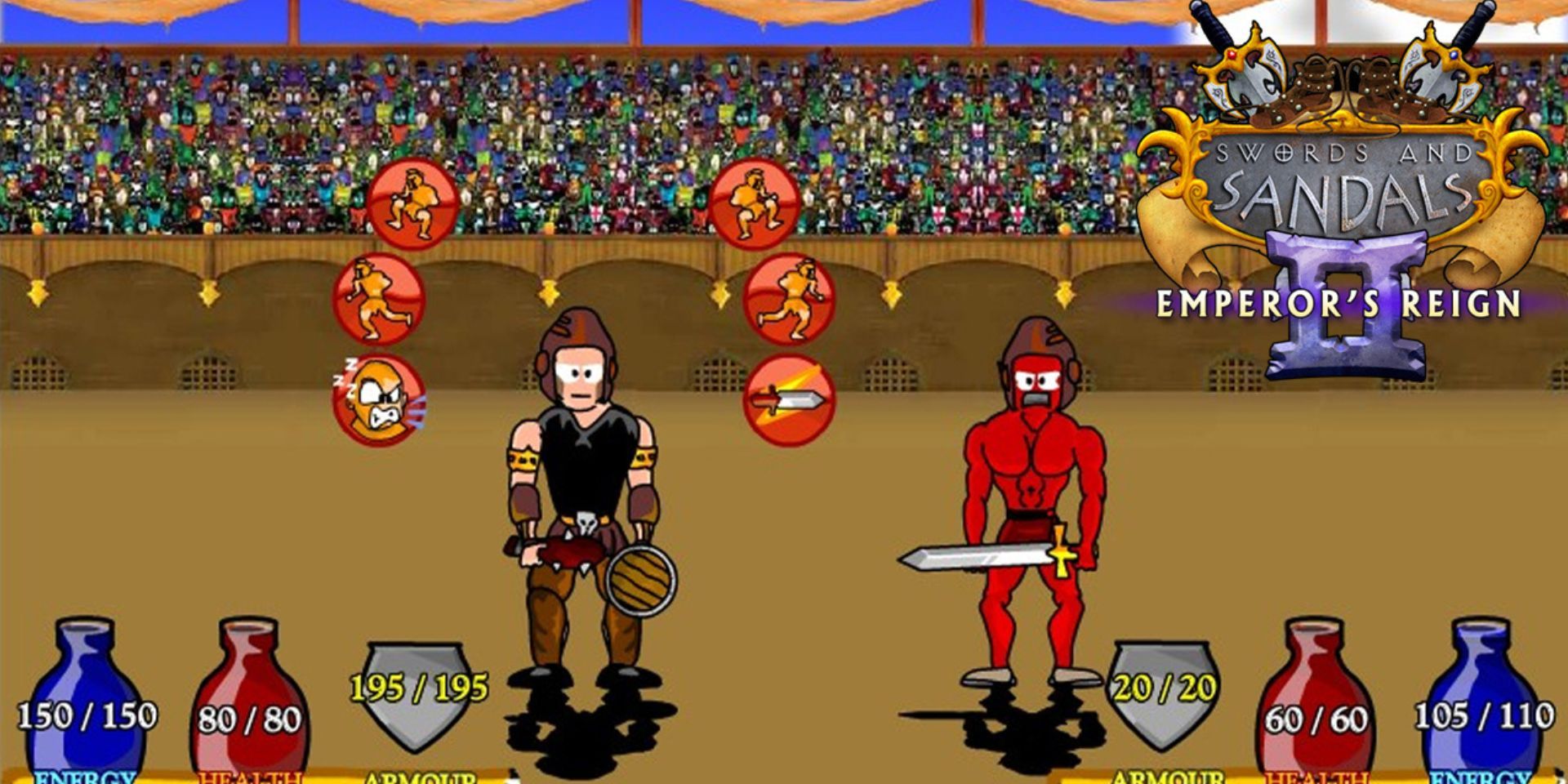 Um jogador luta em Swords and Sandals 2 no Steam.