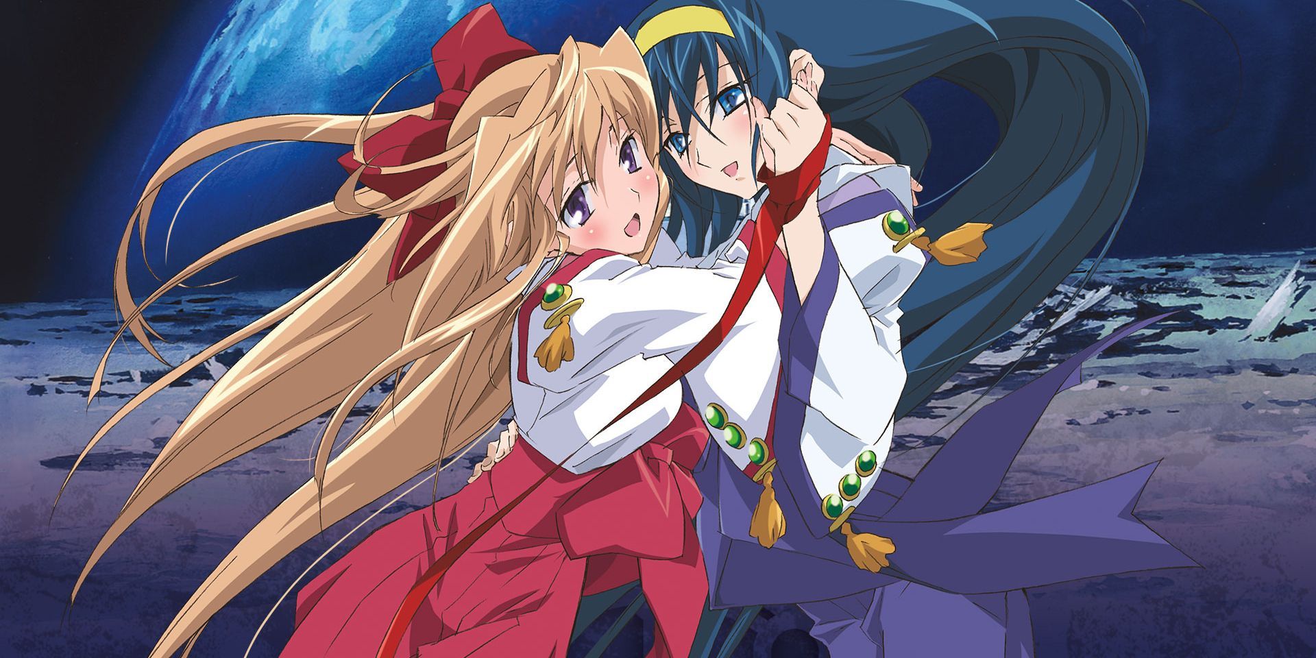 Himeko and Chikane hold each other in art for Destiny of the Shrine Maiden.