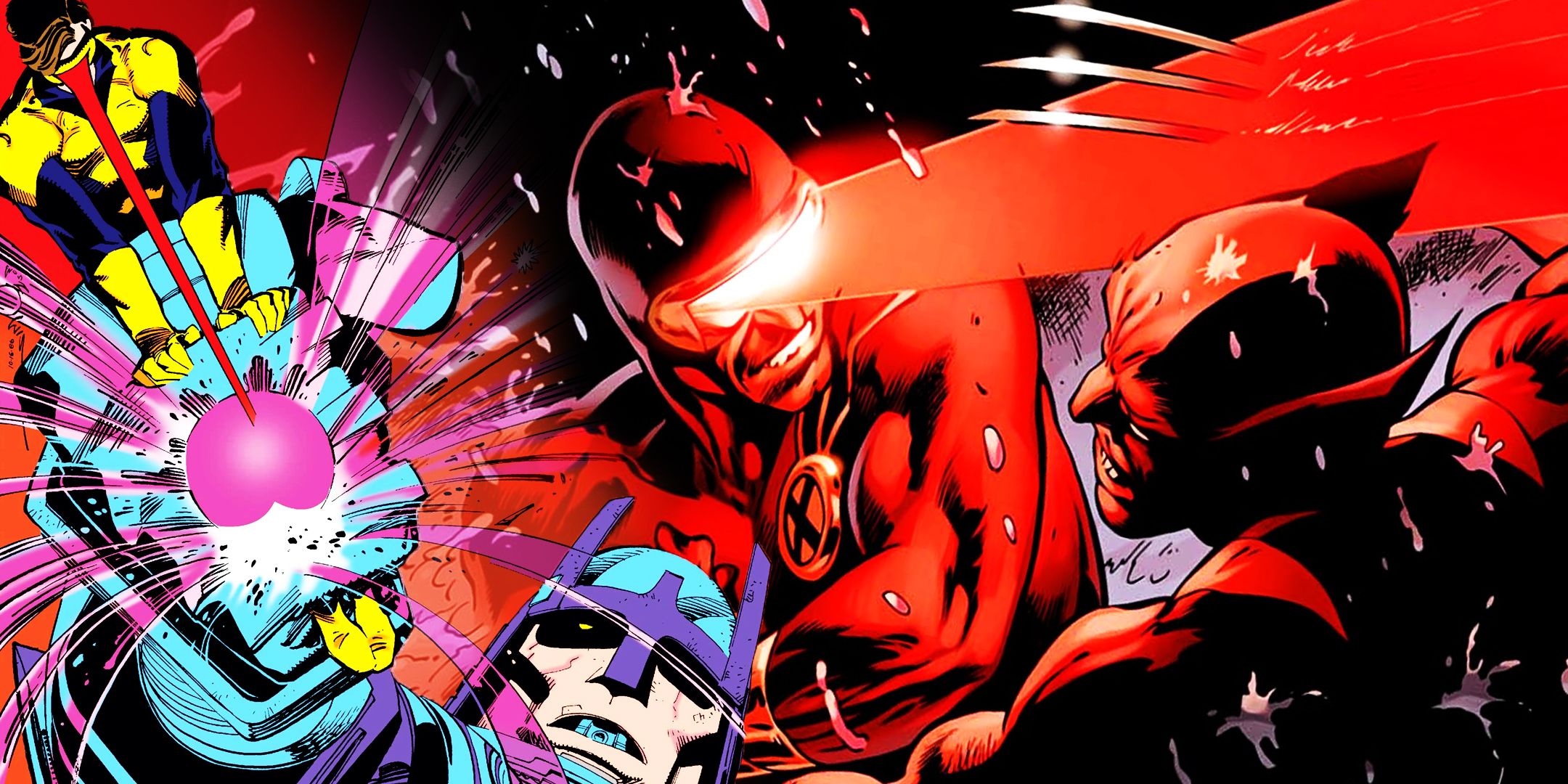 Split image of Cyclops fighting Master Mold and Wolverine in the comics