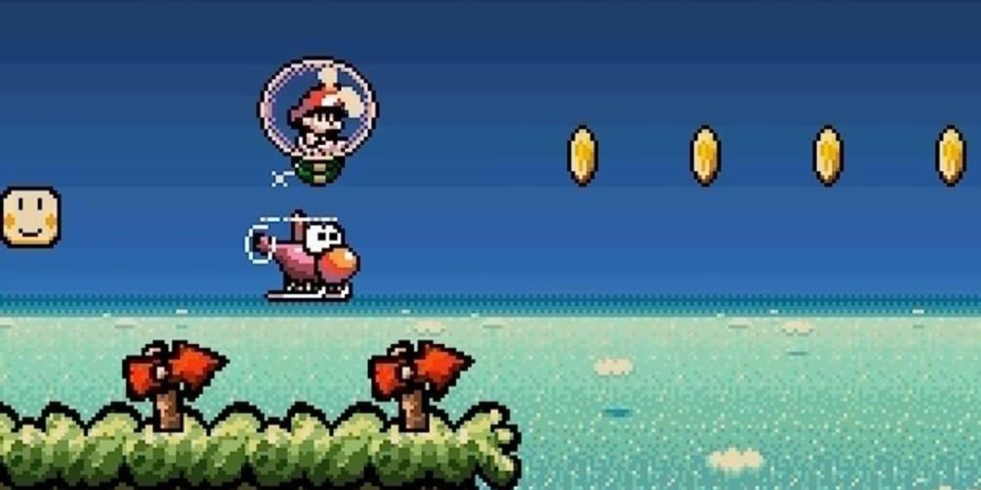 Helikopter Yoshi, Super Mario World 2: Yoshi's Island'da balonun içindeki Bebek Mario'nun altında uçuyor