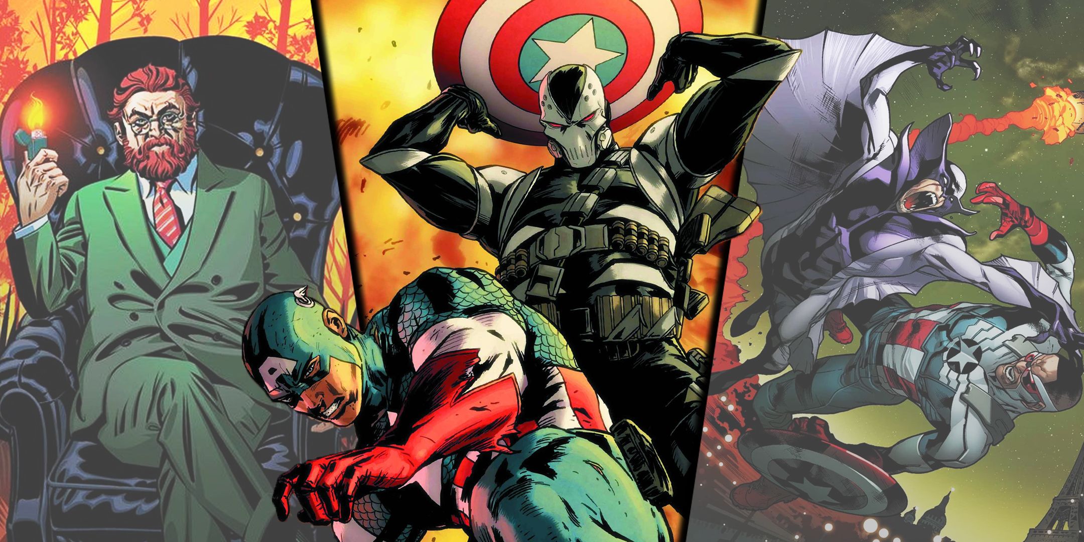 Split image of Captain America vs Scourge with Doctor Faustus and Sam Wilson vs. Baron Blood from Marvel Comics