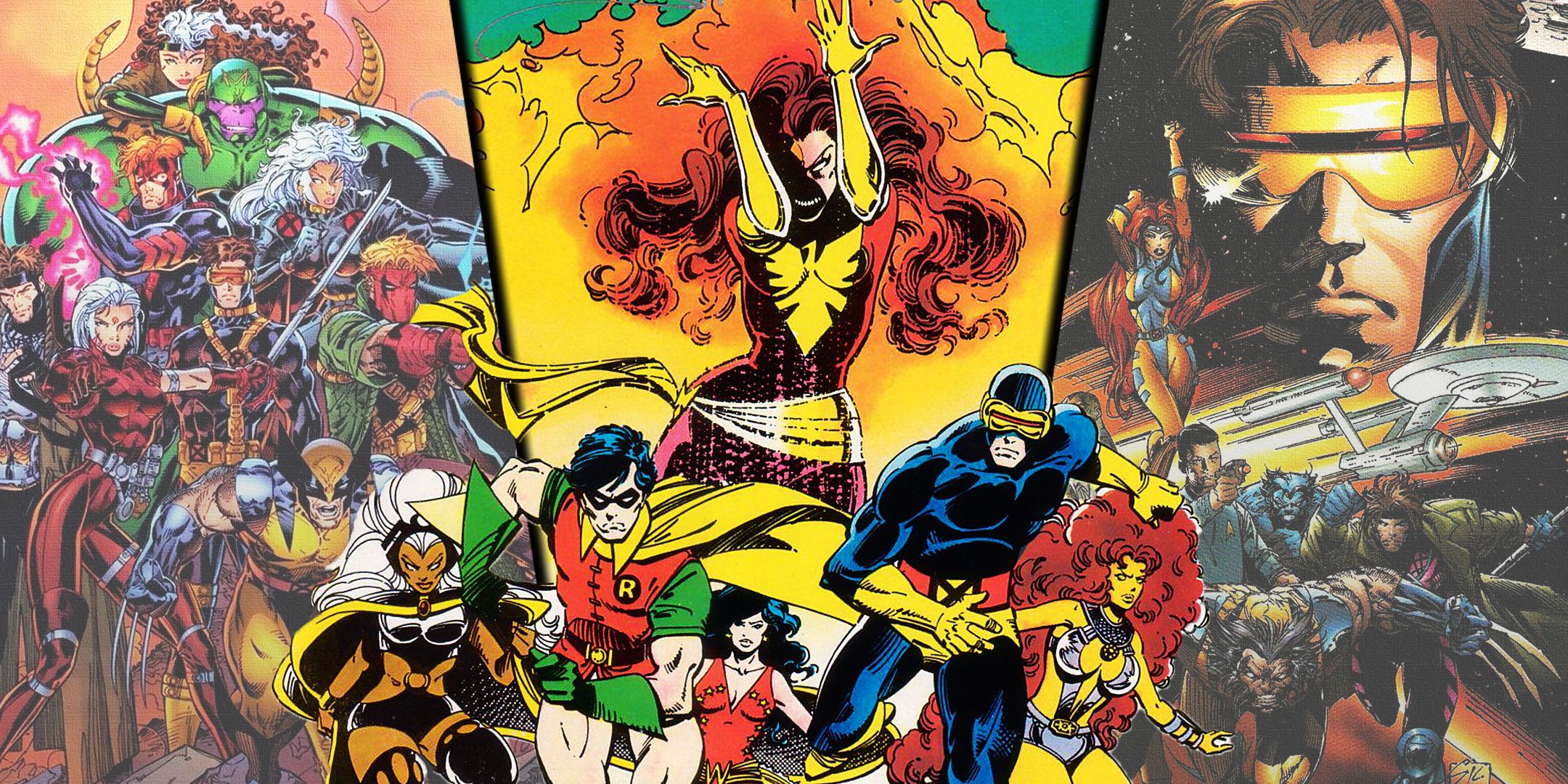 Divided image of X-Men crossovers with Wildc.ats, Teen Titans and The Star Trek Crew