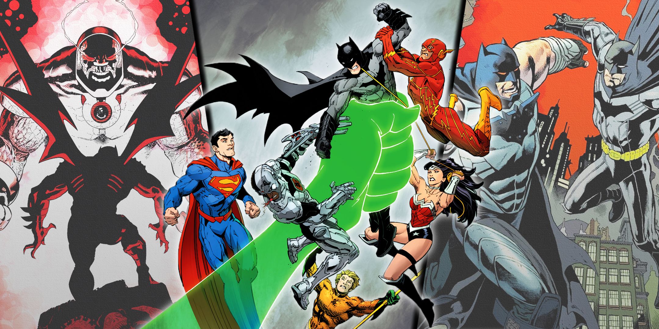 Divided image of Batman Fighting Darkseid, Justice League and Bane in a bat cost of the new 52