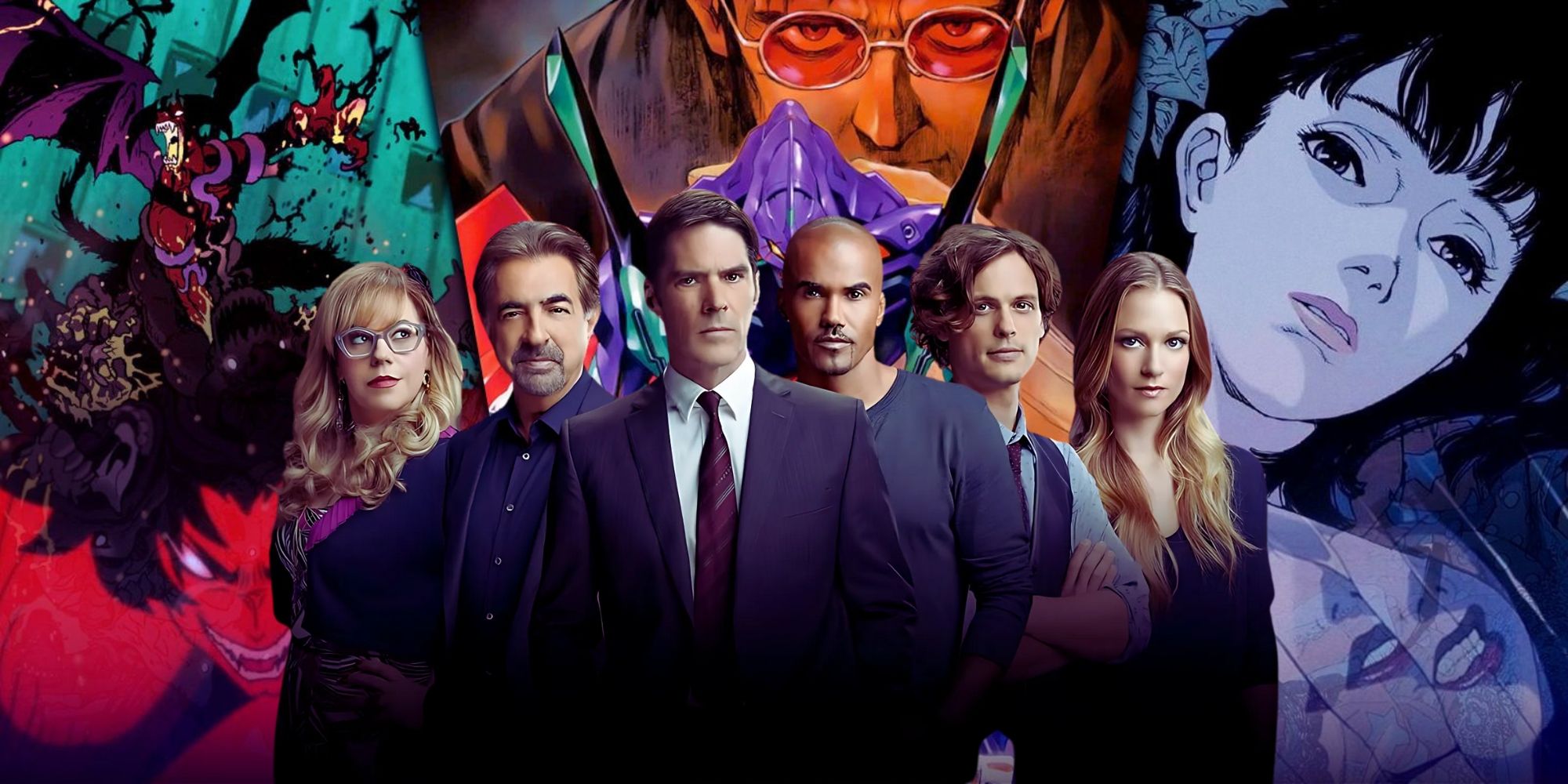 Devilman Crybaby, Neon Genesis Evangelion y Perfect Blue Posters con el elenco de Criminal Minds en primer plano