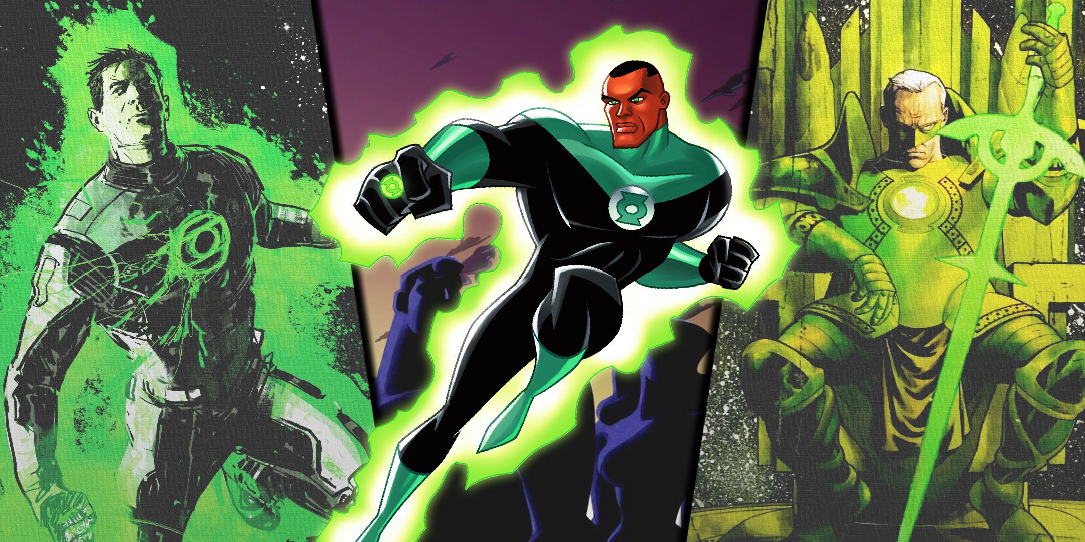 Split image of Green Lantern: Earth One's Hal Jordan, DCAU's John Stewart, and Kingdom Come's Alan Scott from DC Comics