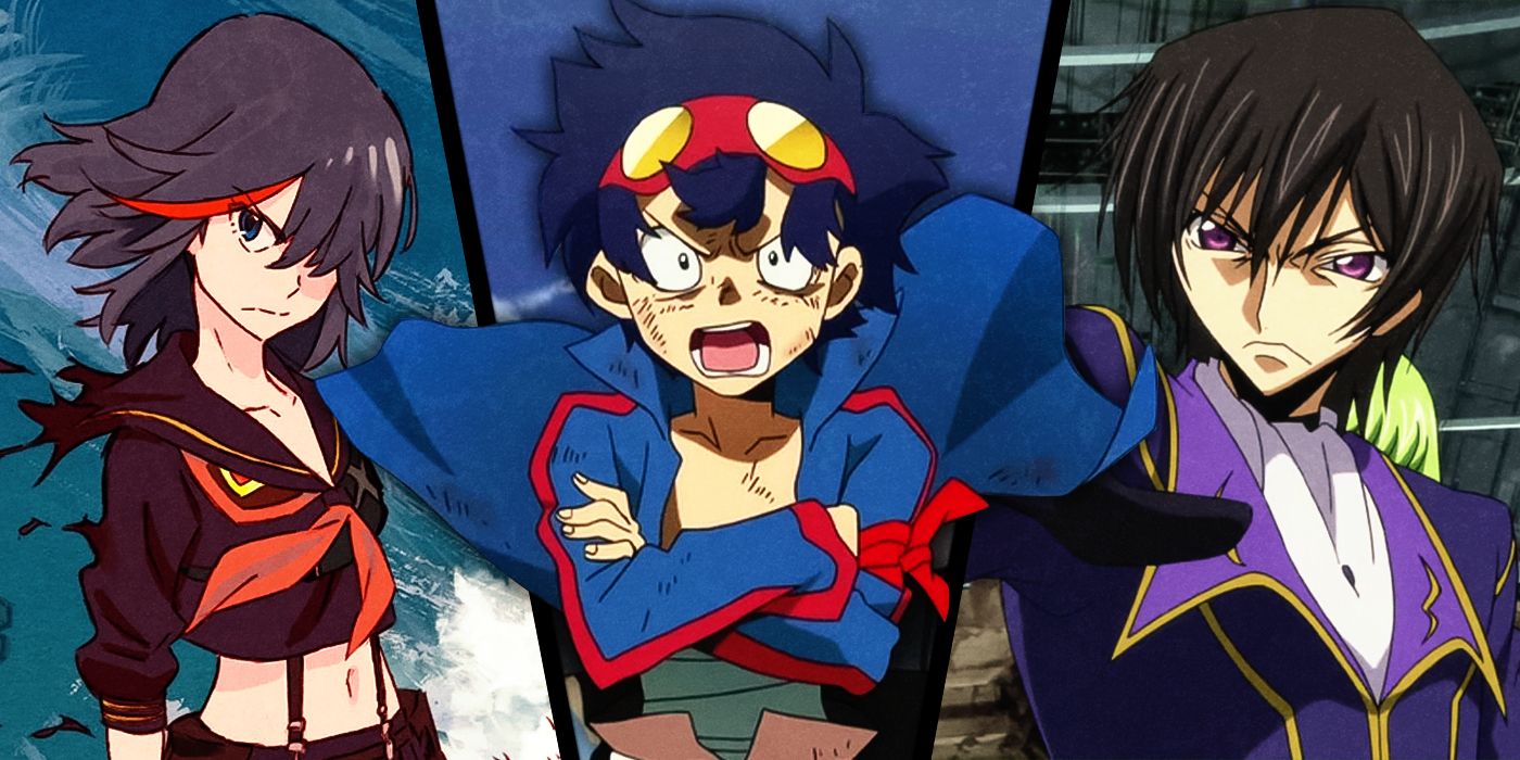 The main characters from Kill La Kill, Gurren Langan, and Code Geass