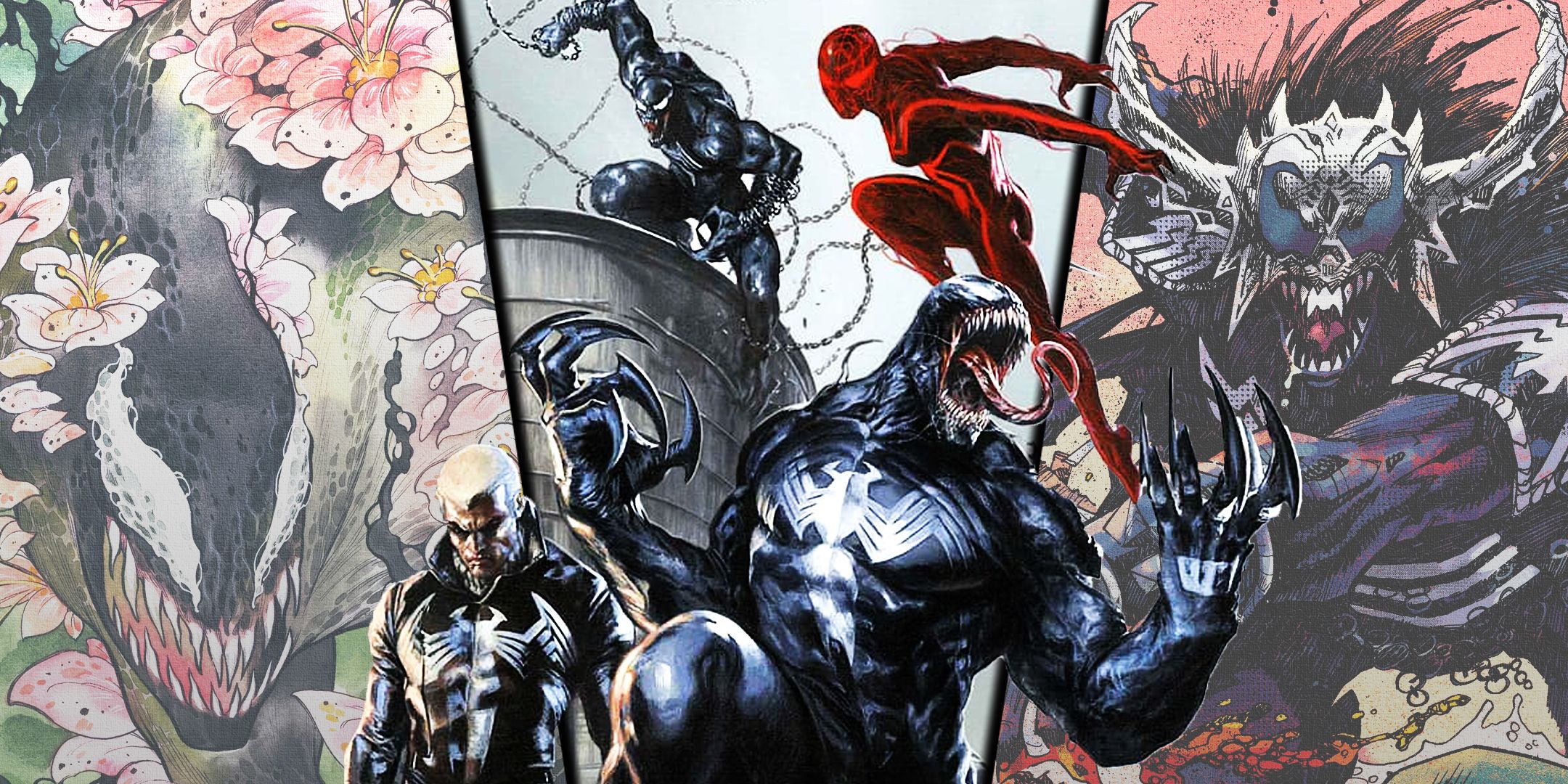 Divided image of venom and its variants of venomverse