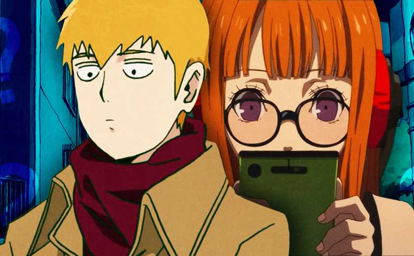 Images of Futaba and Reigen on their phones