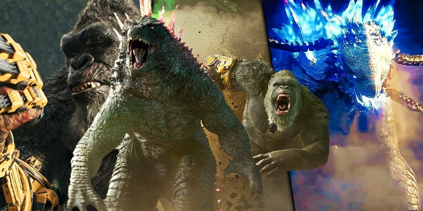 Images of Godzilla and Kong running together, a chained-up Shimo standing before Kong and Kong getting his mech gauntlet