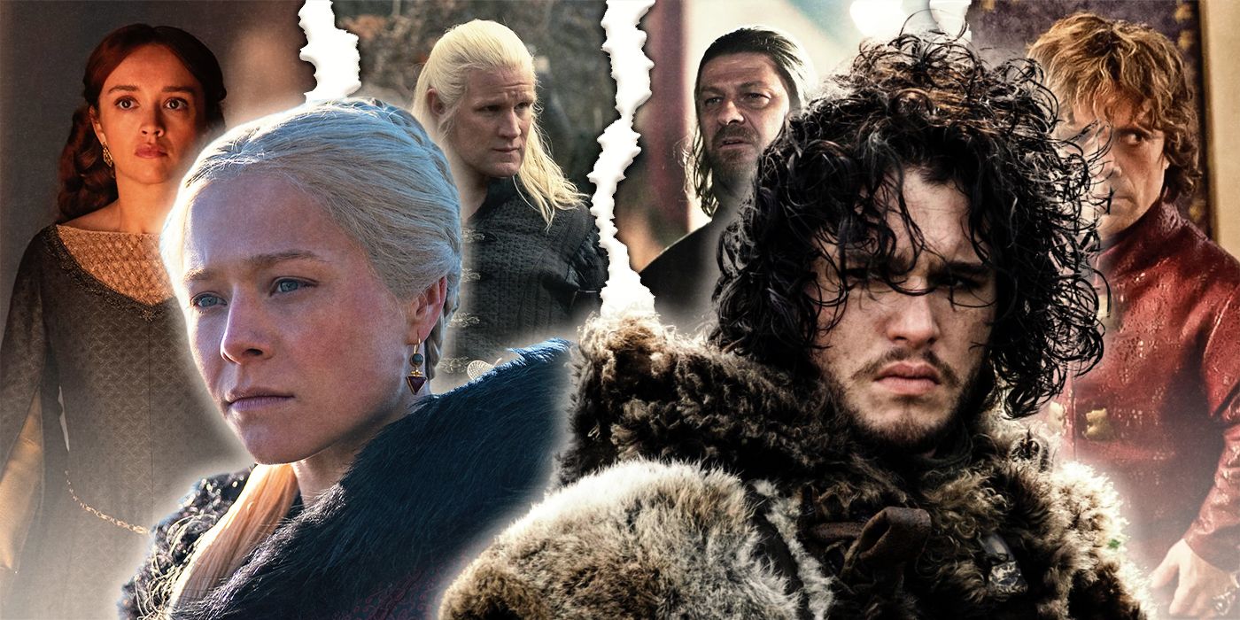 Images of Rhaenyra Targaryen and Jon Snow alongside Daemon Targaryen, Alicent Hightower, Ned Stark, and Tyrion Lannister