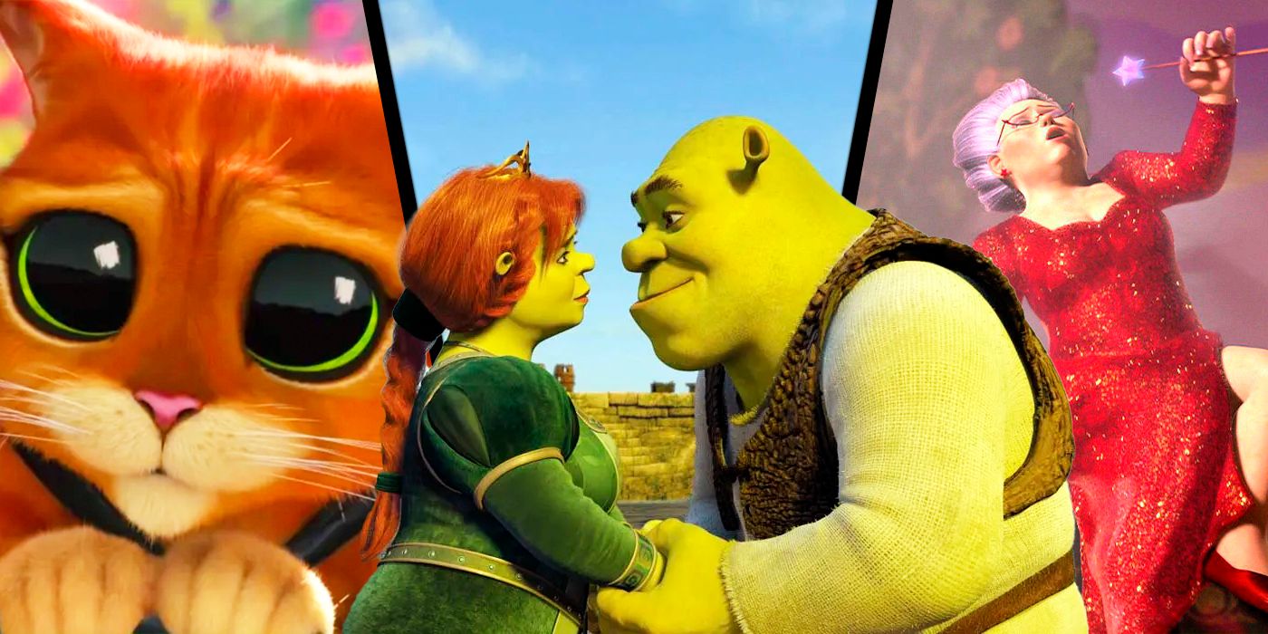 Shrek y Fiona juntos en la película en el centro, y luego Puss in Boots haciendo ojos de cachorro y la Hada Madrina en el musical