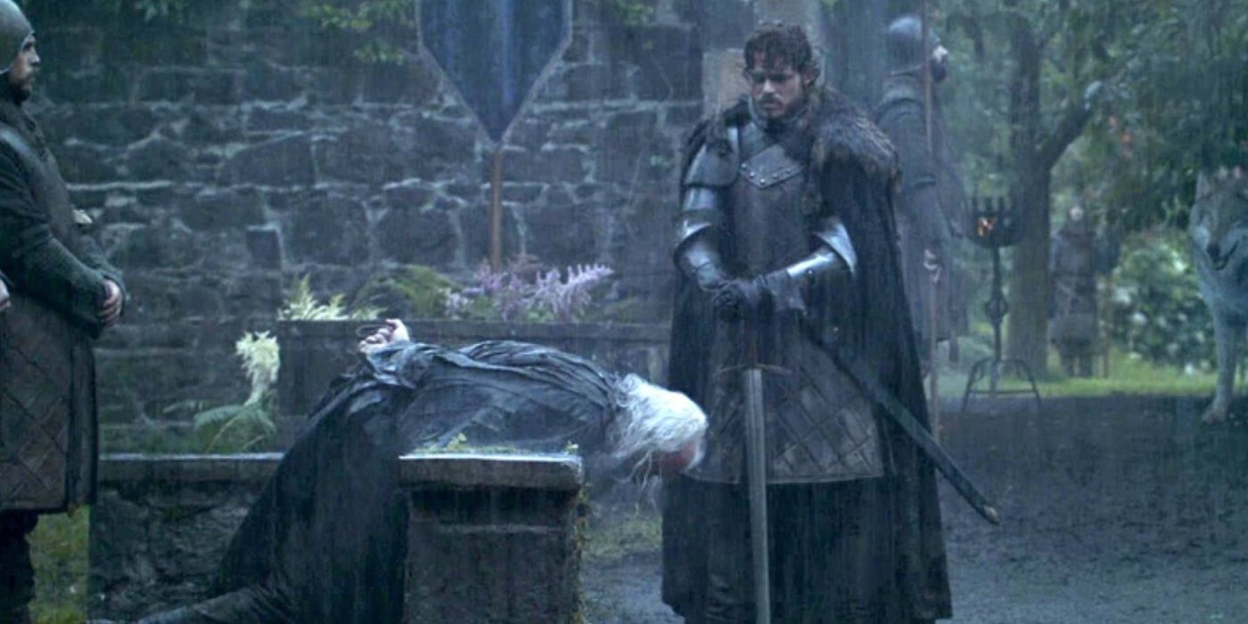 John Stahl as Rickard Karstark and Richard Madden as Robb Stark in Game of Thrones