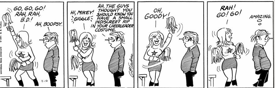 Boópsy não percebe que sua roupa é rasgada nesta história em quadrinhos Doonesbury.