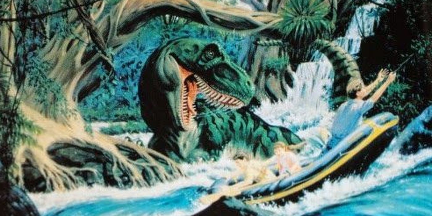 Jurassic Park Concept Art de Dr. Grant, Lex e Tim escapando de T. Rex em uma balsa