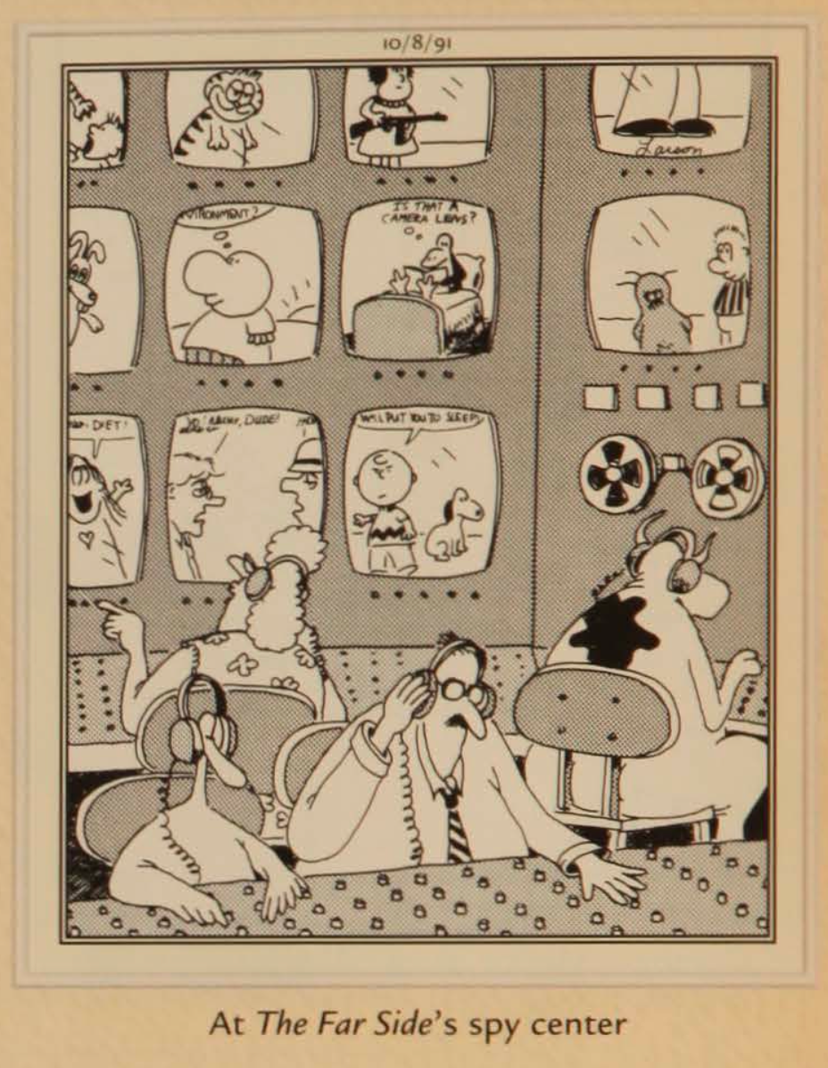 Far Side characters spy on other cartoons and comics.