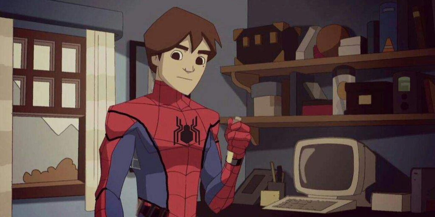 Peter Parker com sua máscara com espetacular Homem-Aranha.