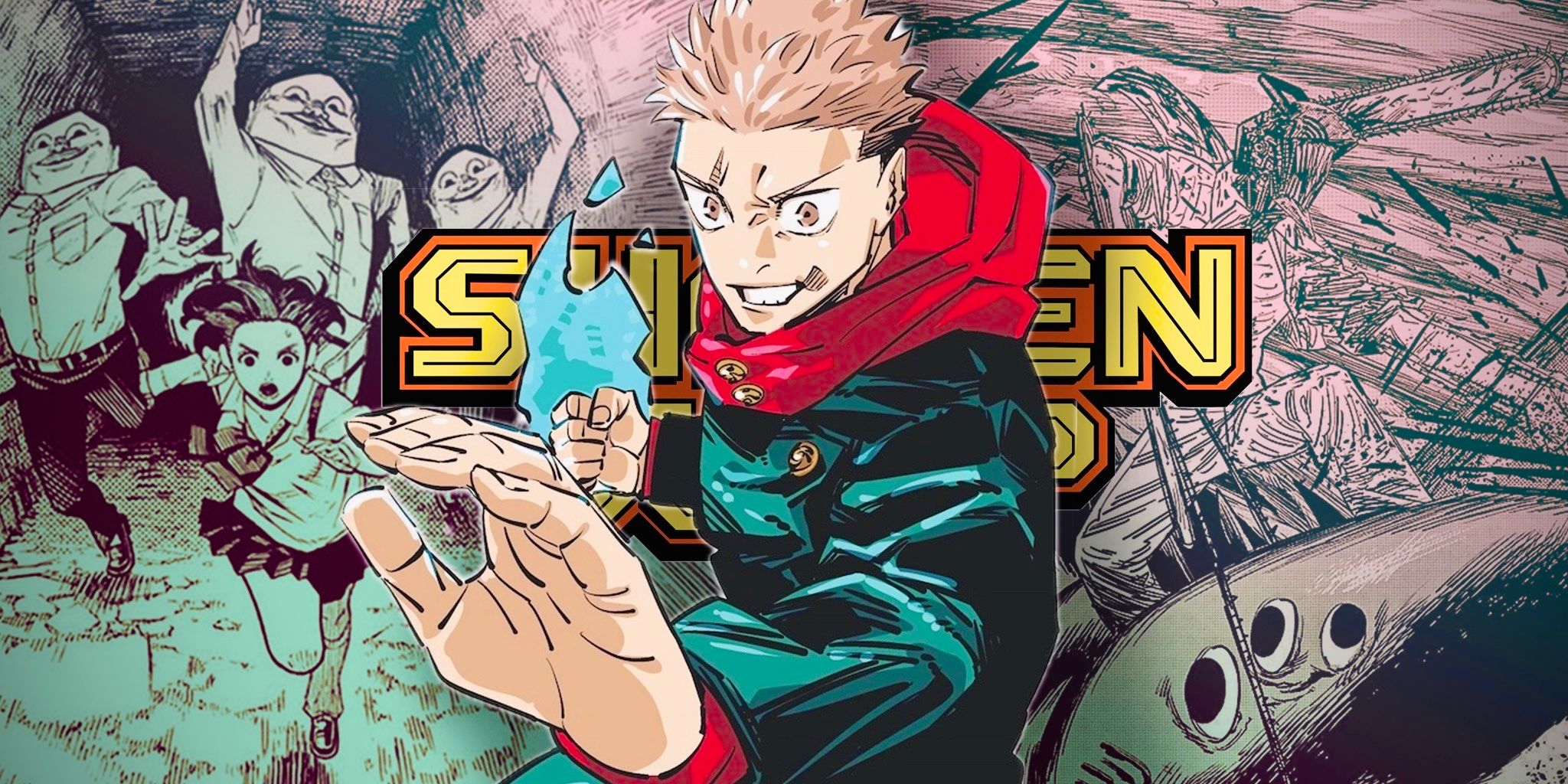 Yuji Itadori from Jujutsu Kaisen fights Momo from Dandadan and Denji in Chainsaw Man