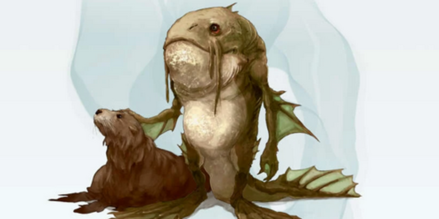 A fish creature is petting an otter on the cover of Dungeons and Dragons' Locathah Rising.