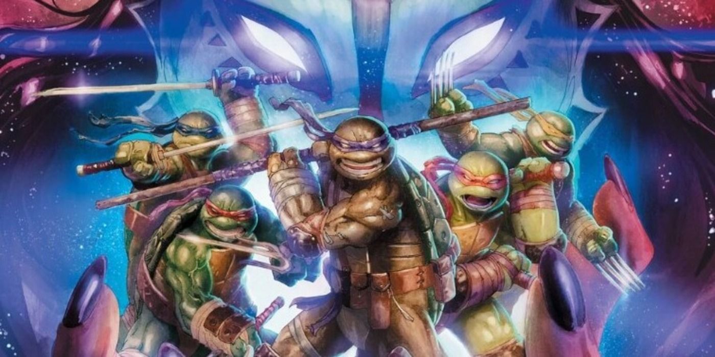 TMNT Edição 139 Arte da capa com as tartarugas posando na palmeira de Kitsune.