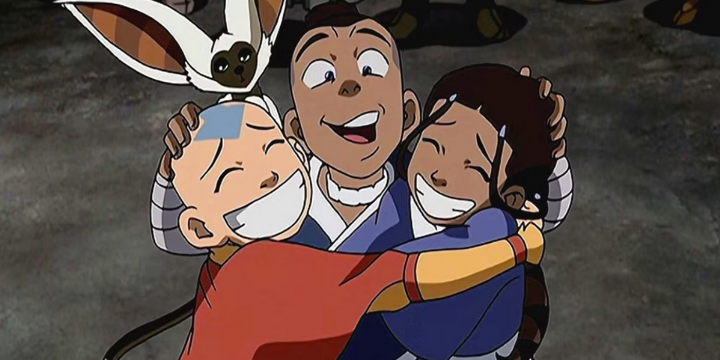 Avatar: Son Airbender'ın Aang, Sokka ve Katara BA Sing Se Se'den önce birbirlerine sarılıyor