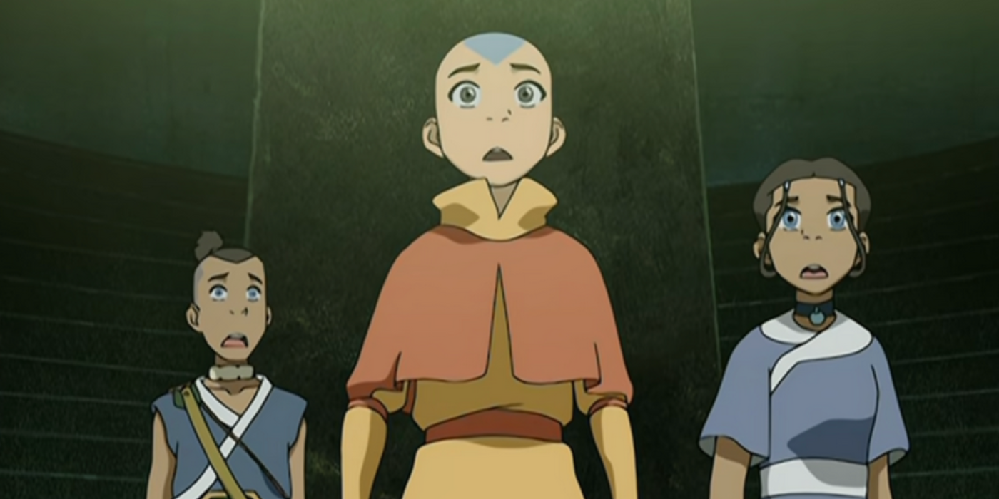 Aang, Sokka e Katara assistem à luta de Toph em choque em Avatar: The Last Airbender.