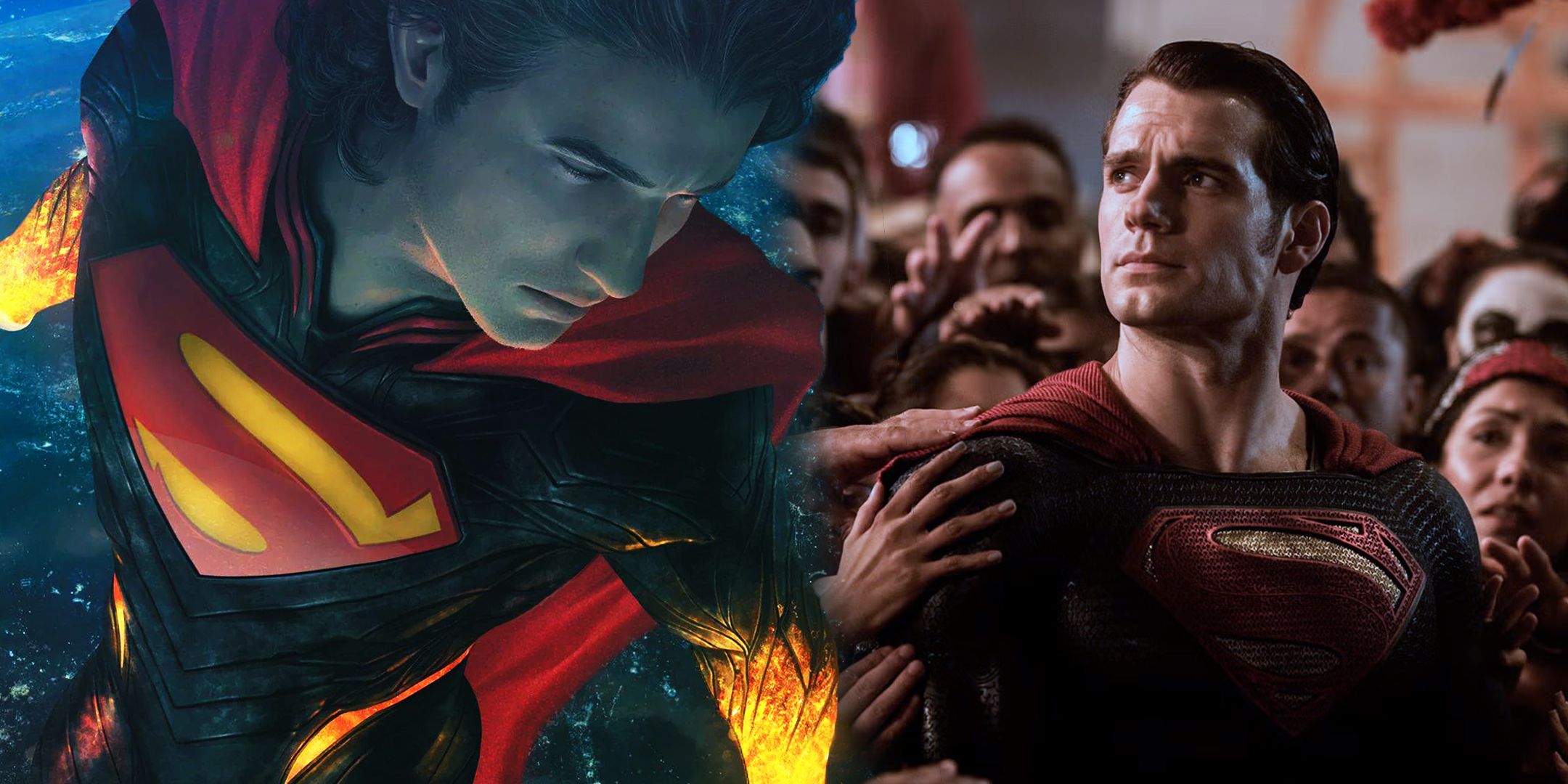 Divided image of Absolute Superman with Henry Cavill's Superman