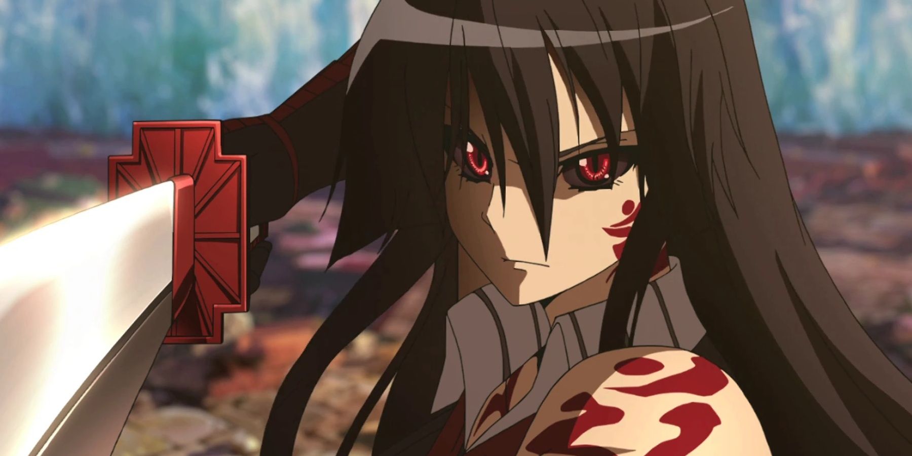 Akame has black and red eyes as she holds up her katana.