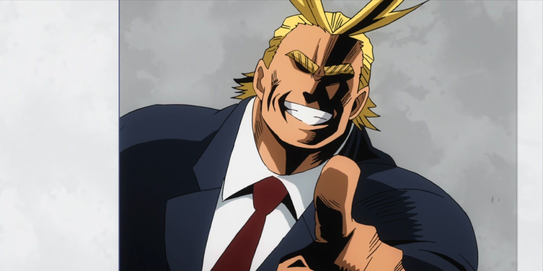 My Hero Academia anime'de izleyiciye işaret ederken hepsi bir takım elbise giyebilir.