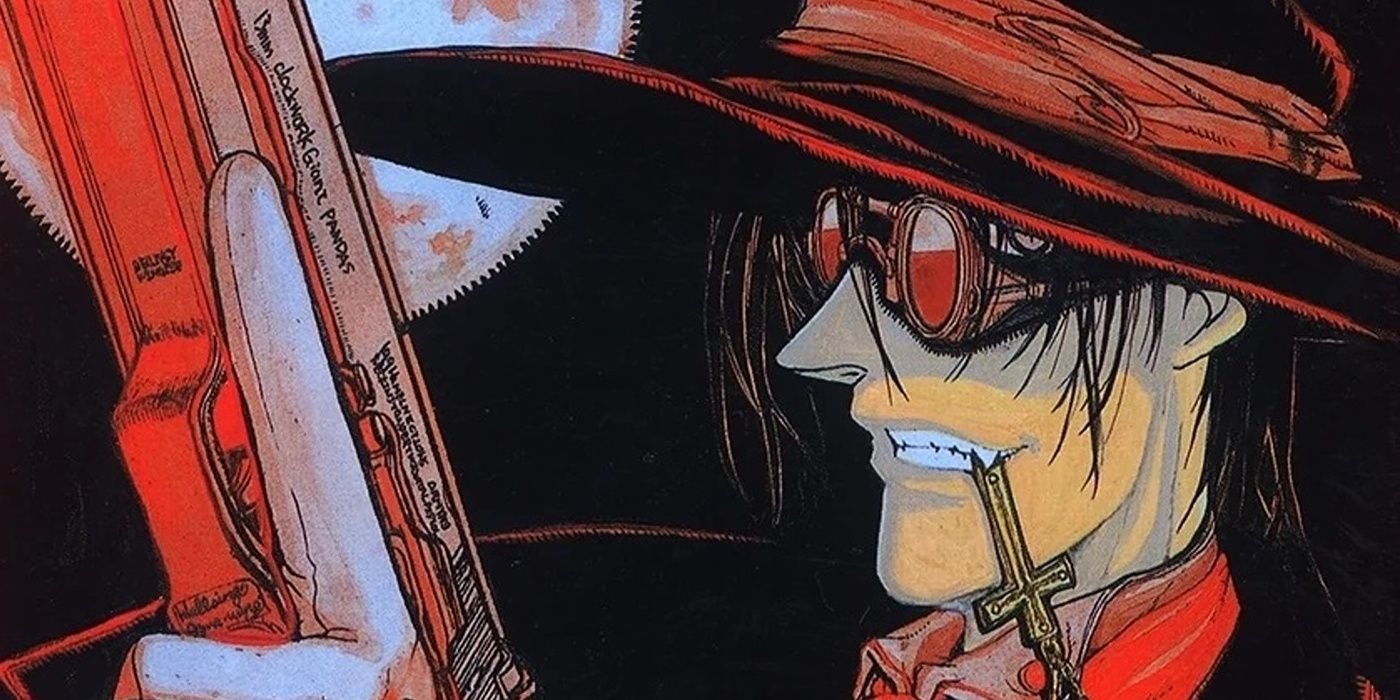 Alucard smiles while holding a pistol.