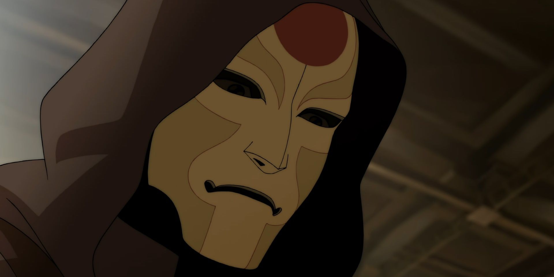 Amon looks down with his eyes slightly visible in the mask holes.