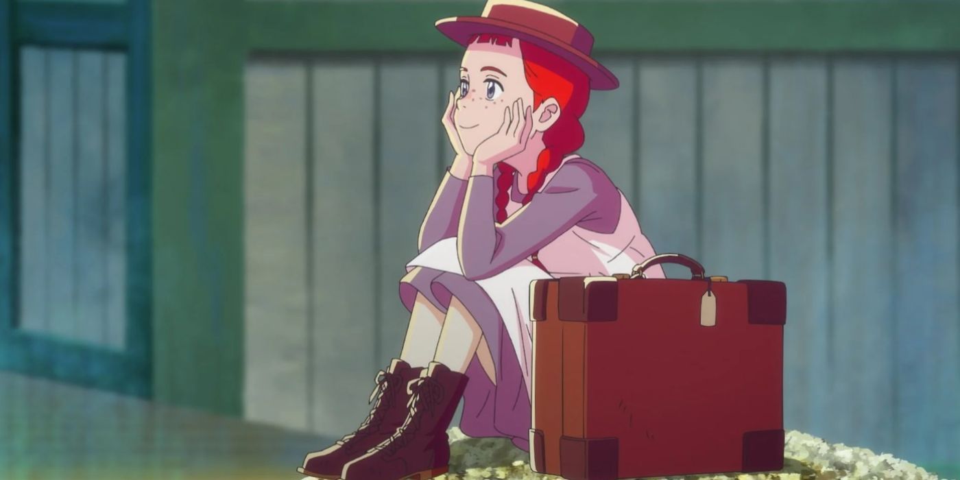 Anne sentada ao lado de sua mala, parecendo apita no anime Anne Shirley