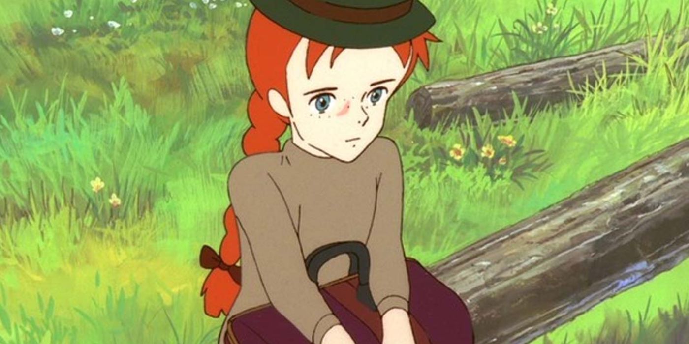 Anne esperando com sua mala na década de 1970 Anne of Green Gables Anime