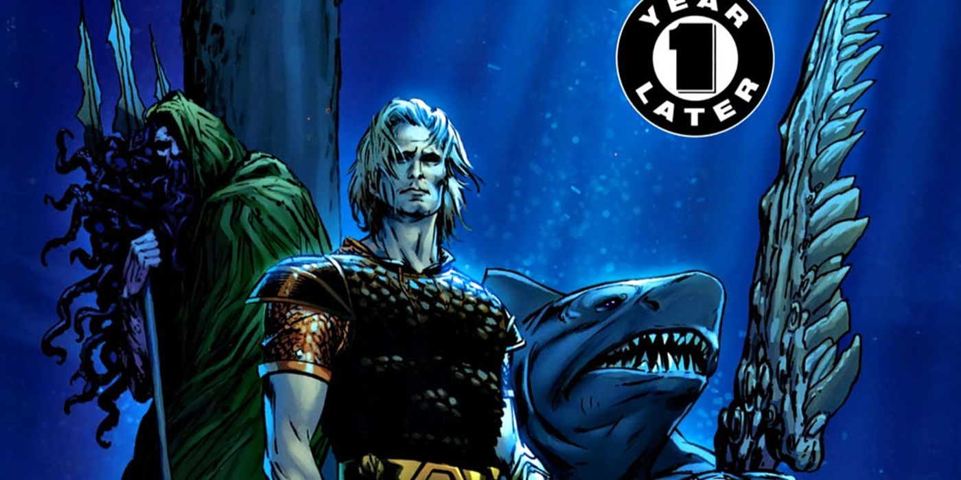 Atlantis'in Aquaman Kılıcı #40 kapak, Arthur Joseph Curry'nin sakin ve kral köpekbalığının önünde duran