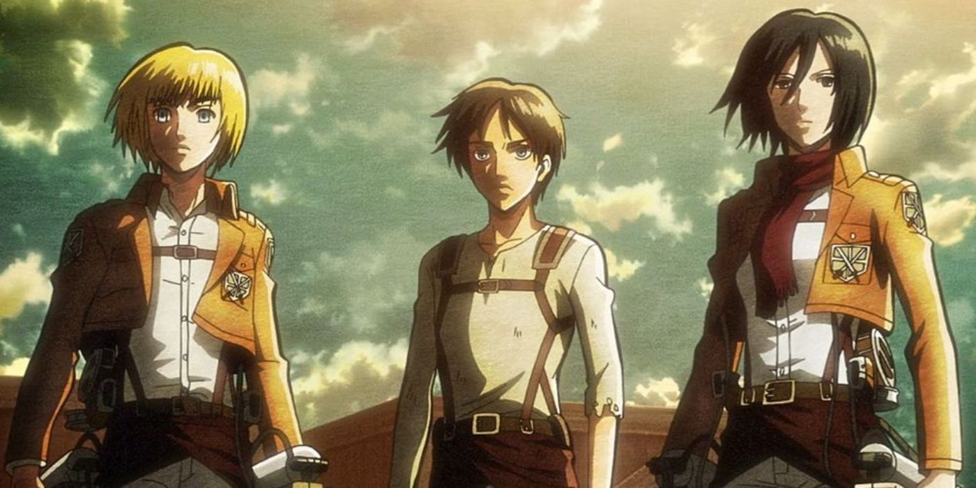 Armin Arlet, Eren Yaeger, and Mikasa Ackerman look over Wall Maria in Attack on Titan.