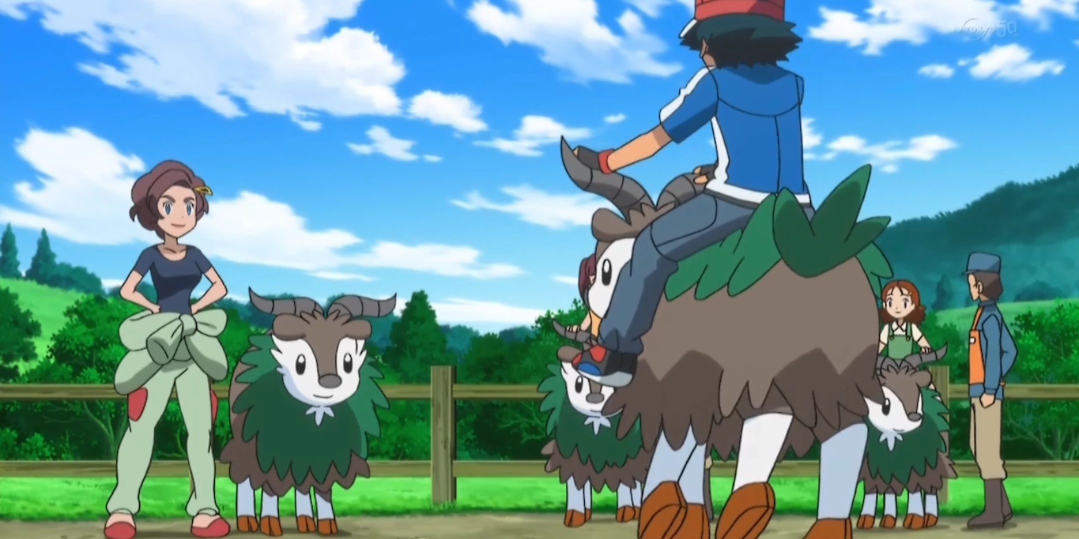 Cinzas montando um skiddo do anime Pokemon