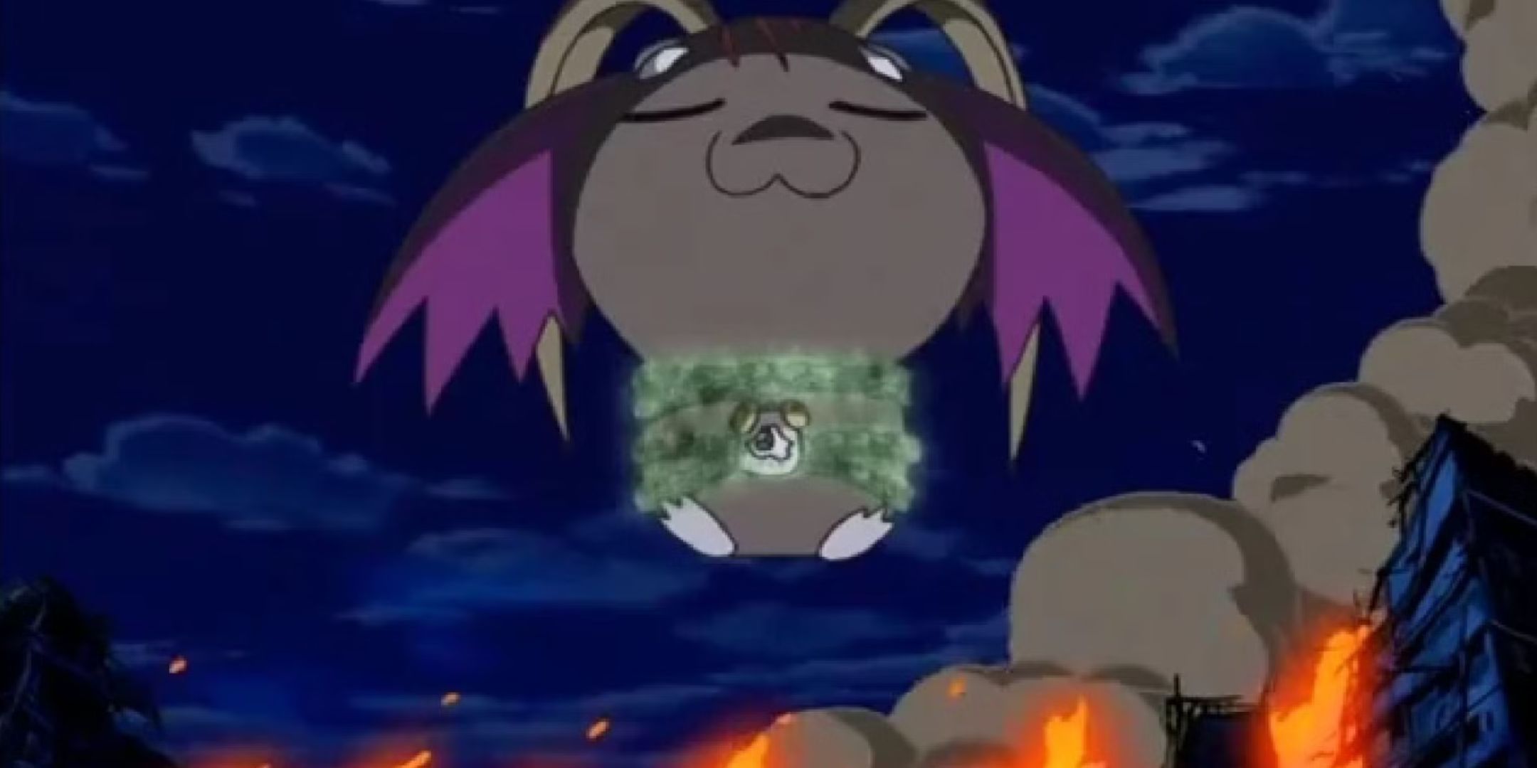 Belphemon Songe Mode do anime Digimon com a cidade pegando fogo no backgroun