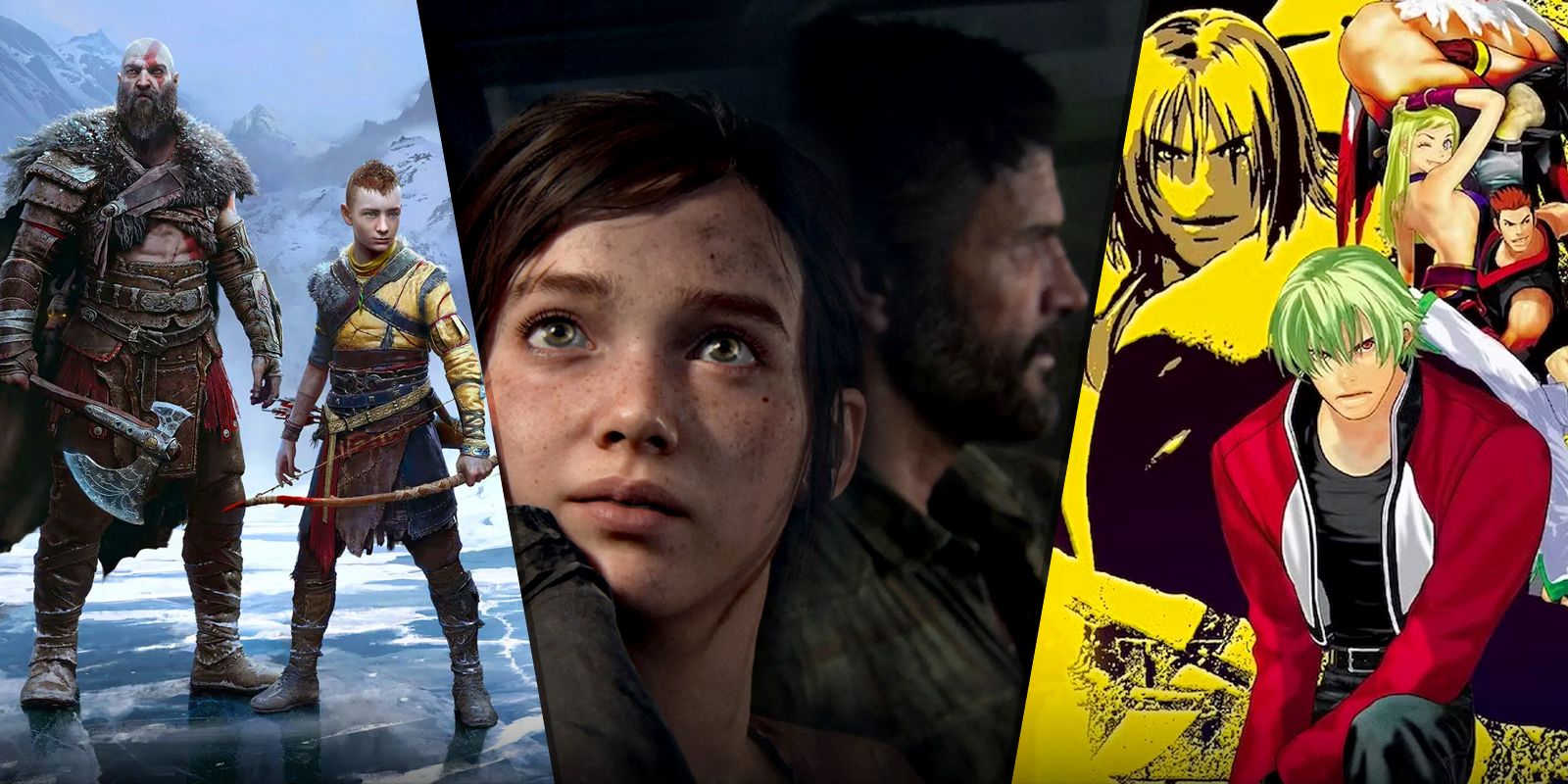 A split image of God of War Ragnarok, The Last of Us Part I, and Garou.