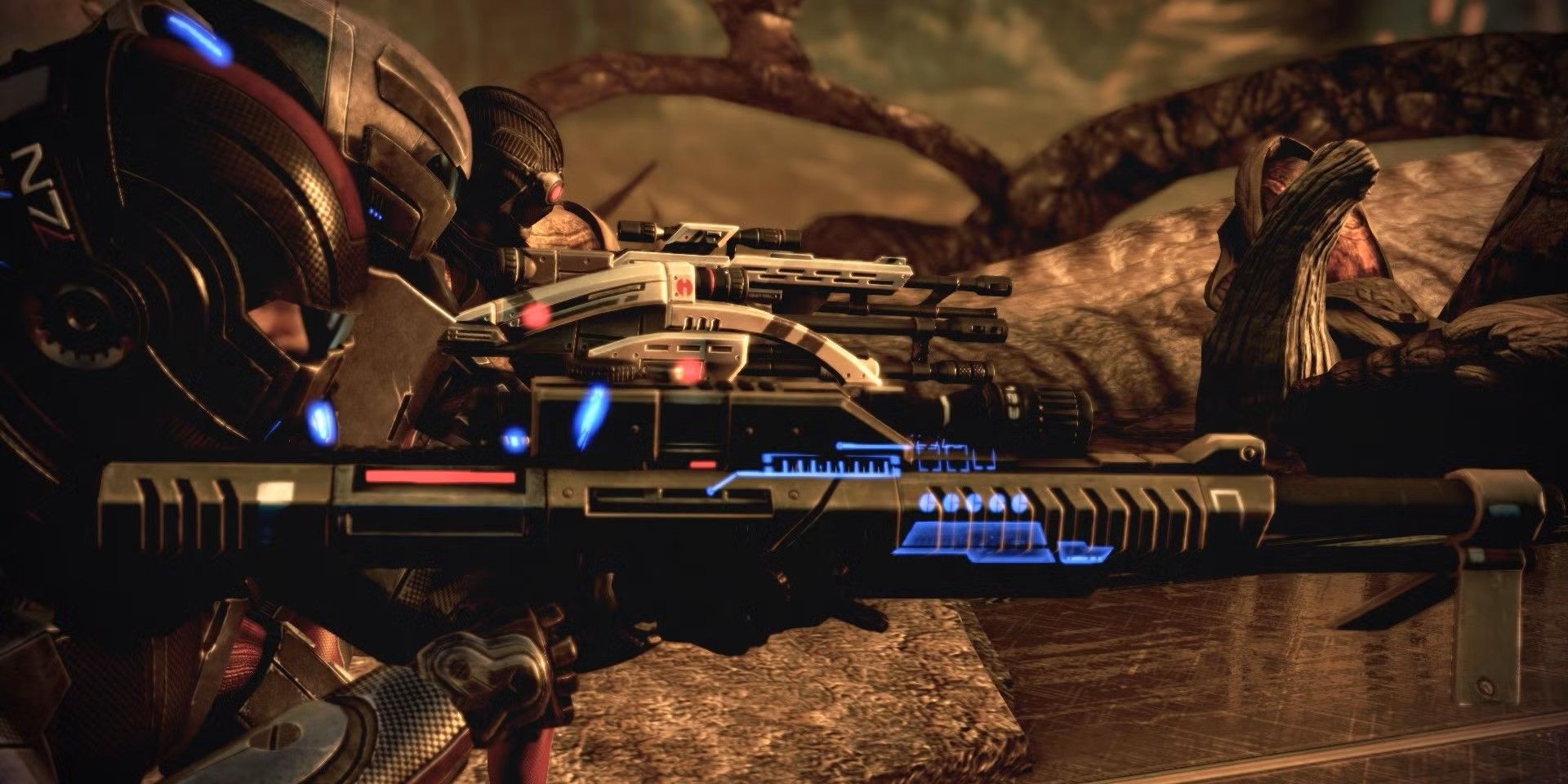 Um jogador visa o rifle de atirador de eliminador da Viúva Negra em Mass Effect 3.