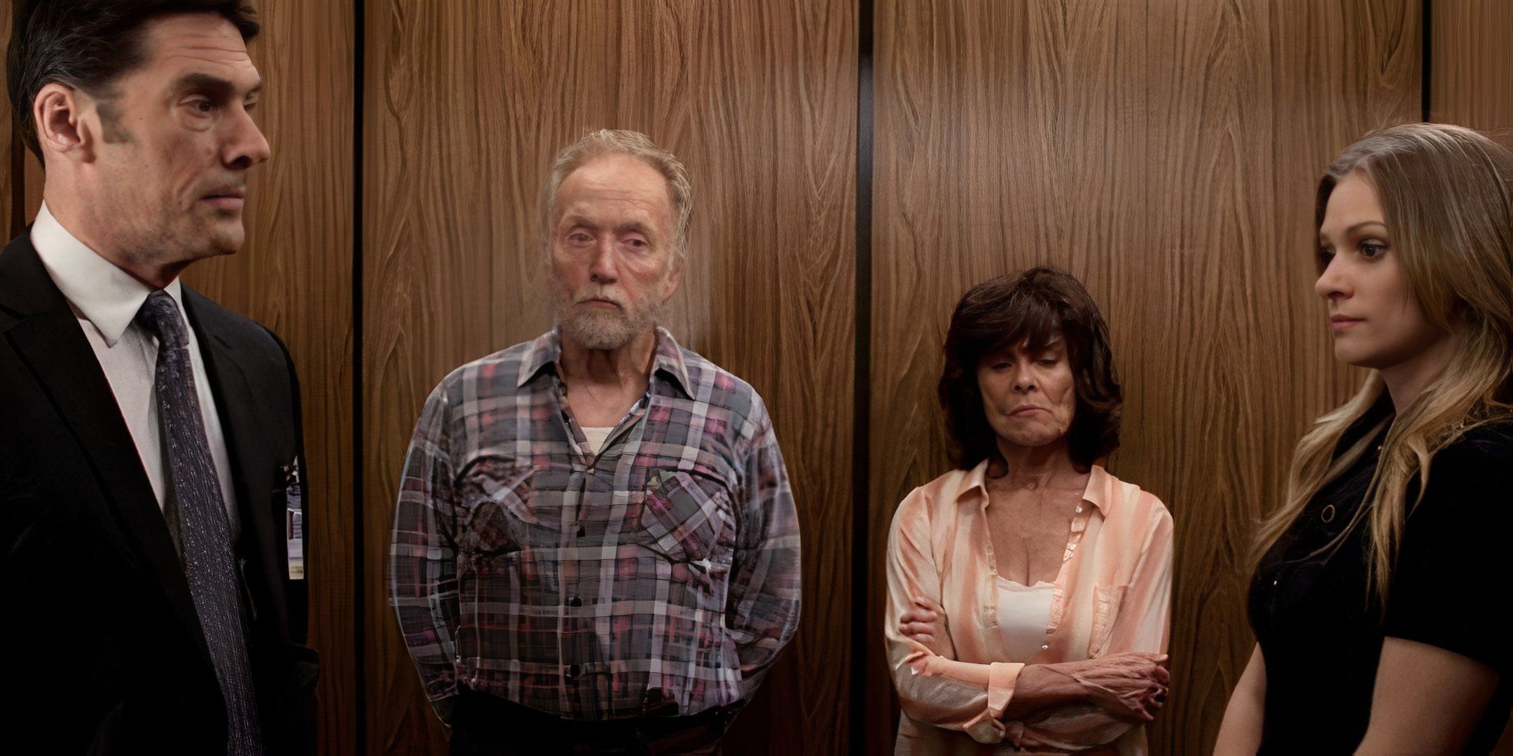 Hotch and JJ on either side of Malachi Lee and Cissy Howard in the elevator in Criminal Minds "Blood Relations."