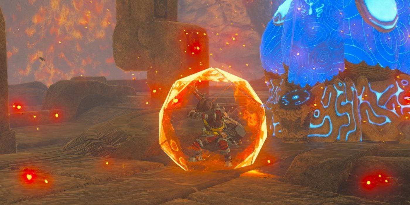 Link usa a proteção de Daruk na lenda de Zelda: Breath of the Wild.