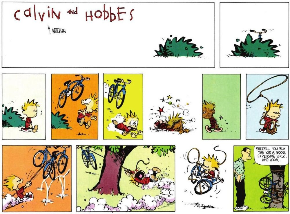 Calvin bisikletini bir ağaca bağlar.