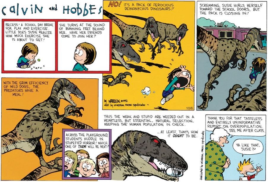 Calvin lê seu ensaio sobre superpopulação, seleção natural e ataques de raptor à classe