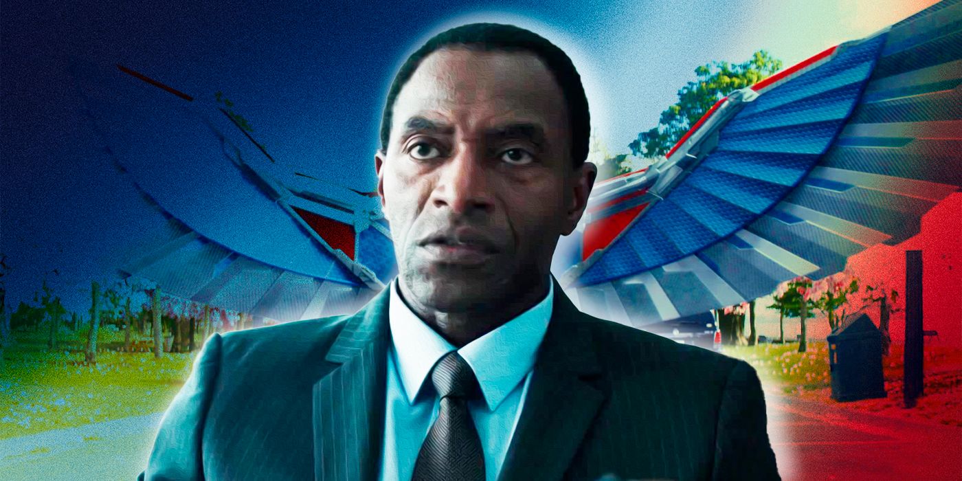 Isaiah Bradley (Carl Lumbly) wearing a suit and tie in front of Captain America: Brave New World poster