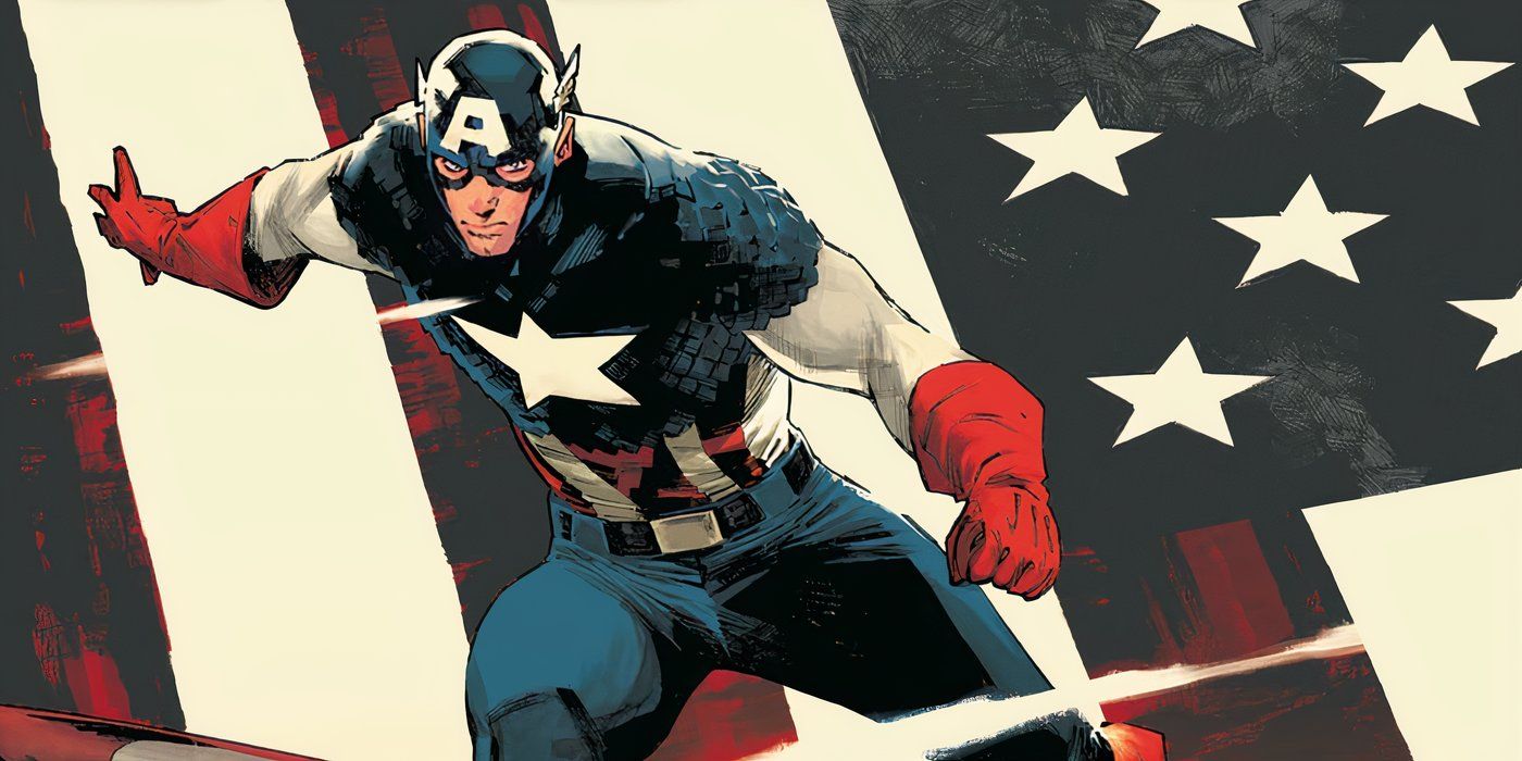 Captain America stands in front of a large American flag