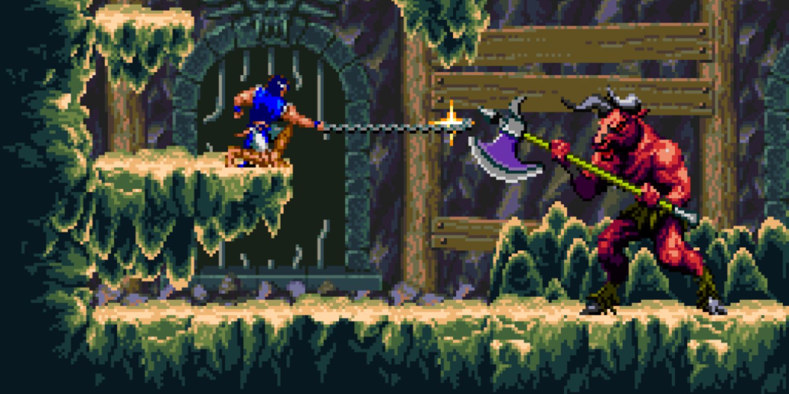 Castlevania Drácula X Richter luchando contra un minotauro rojo