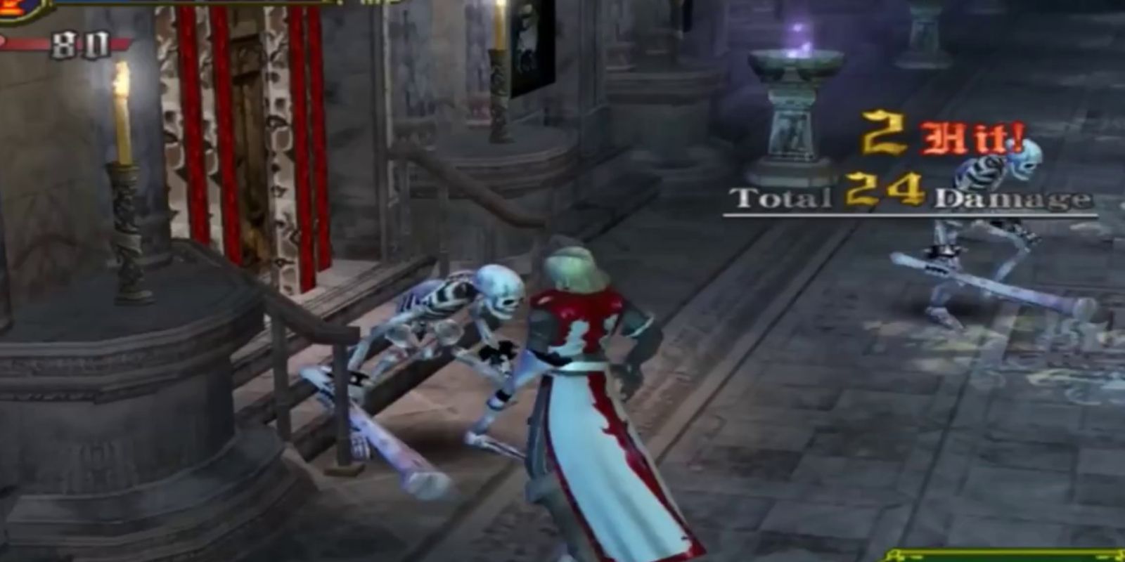 Castlevania Lament of Innocence Gameplay mientras Leon lucha contra un esqueleto