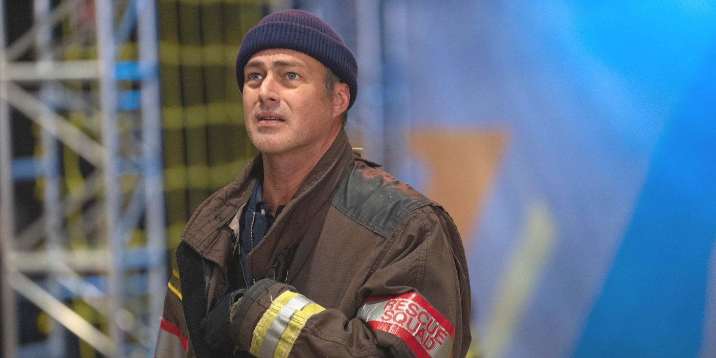 Kelly Severide, played by Taylor Kinney, wearing firefighter gear looking worried on Chicago Fire